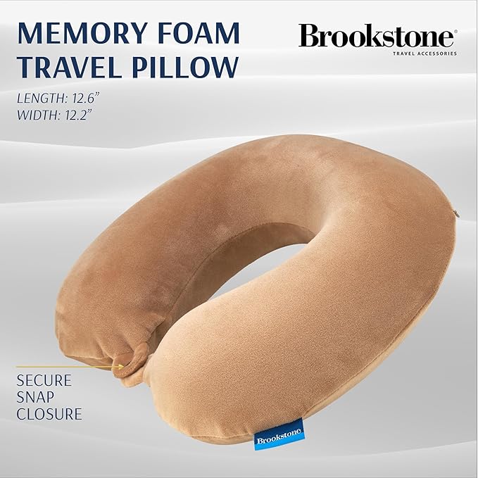 Brookstone Travel Neck Pillow - Lightweight Fleece Casing U-Shaped Stuffable Memory Foam Travel Pillow for Sleeping and Neck Support, Size One Size, Khaki