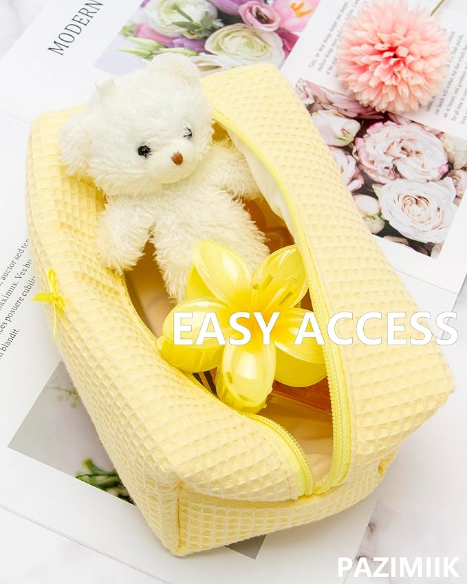 PAZIMIIK 6PCS Cozy Makeup Bag Travel Cosmetic Bag for Women Soft Toiletry Bag Aesthetic Makeup Organizer Portable Large Zipper Pouch for Skincare Beauty Accessories Brushes Waffle Check Yellow