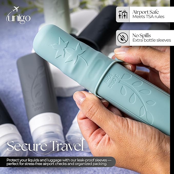 unigo Travel Bottles Set for Toiletries - Leakproof Refillable Travel Size Containers, TSA Approved Bottles with Labels, Brush & Covers for Carry-On Travel