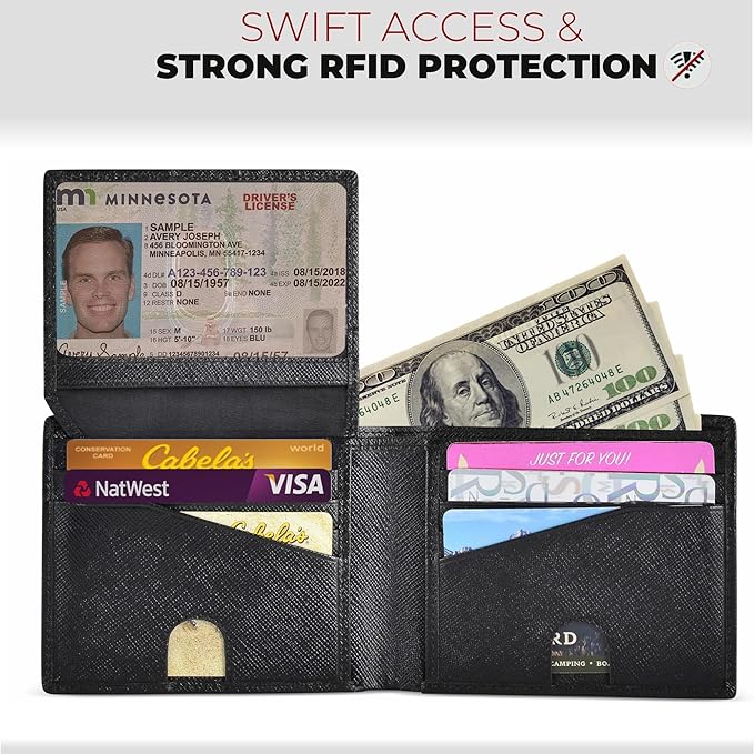 Mens RFID Leather Wallet Bifold on Black Saffiano Designer Leather, Secure and Durable Extra Capacity Billfold with 11 Credit Cards, Flip Up ID, Tight Stitching & Quick Thumb Push Access, Gift Boxed