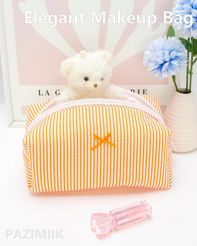 PAZIMIIK 2PCS Cozy Makeup Bag Small Aesthetic Travel Zipper Cosmetic Pouch for Women Make Up Beauty Accessories Brushes, Stripe Orange