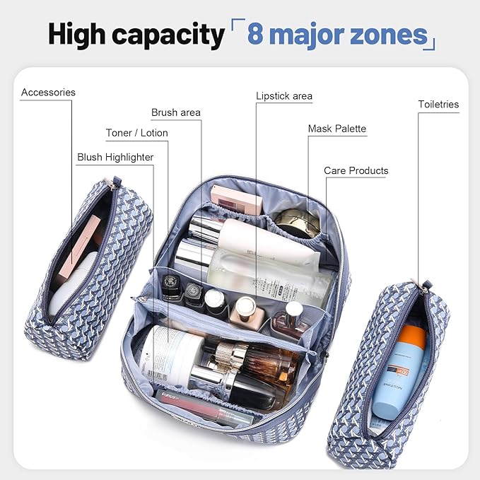 BOYATU Travel Makeup Bag Cosmetic Bags for Women: Large Capacity 3 Pcs Set Make up Bag with Compartments - Waterproof Vegan Leather Toiletry Organizer Bags with Handle (M-77Blue)