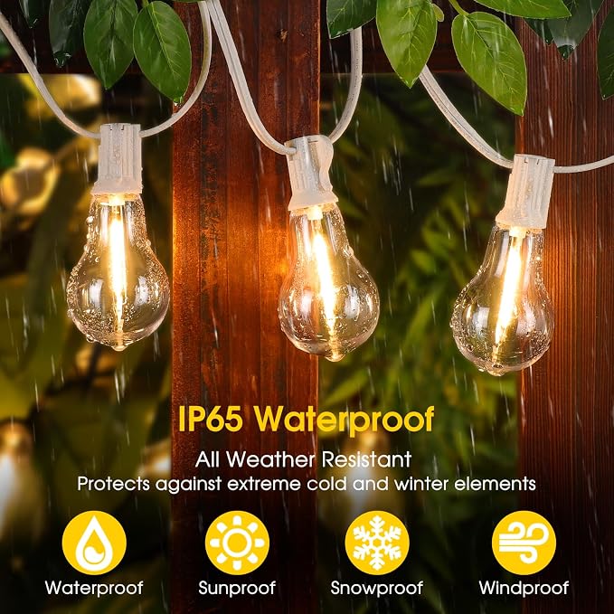 200FT(2x100FT) Outdoor String Lights, 63 A39 Edison Bulbs, White | Plug in, Dimmer not included, Waterproof, Shatterproof, Extendable, LED Hanging Lamp for Christmas Party Tree Decor