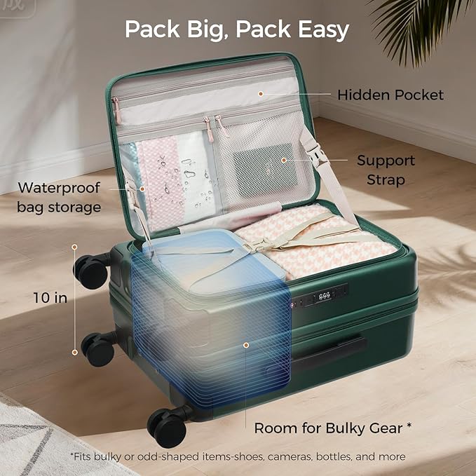 Carry On Luggage Top Opening with Cup Holder & Phone Holder, Expandable PC Hard Shell Suitcase, USB Charging Port, Side Hook, 360° Spinner Wheels, TSA Lock & YKK Zippers for Women Man Gifts