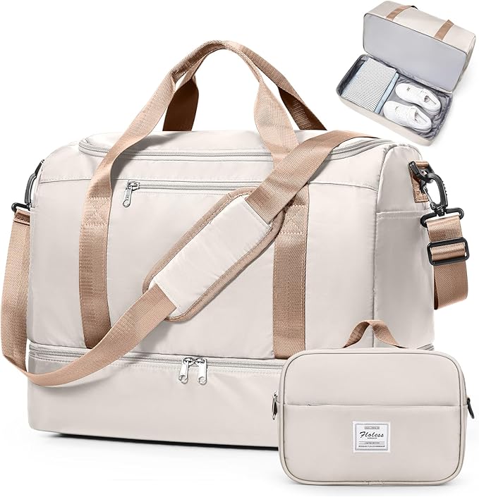 Travel Duffel Bag for Women, Carry-on Overnight Weekender Bags with Wet Pocket & Toiletry Bag, For Spirit Airlines 18x14x8 Personal Item Bag,Small,Beige & Brown