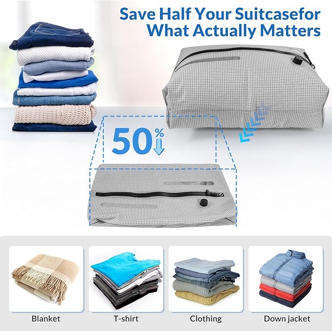 Reusable TPU Travel Vacuum Compression Bags - Waterproof Space Saver Bags for Luggage, Suitcase, Backpack, Storage Organizer (2 Pack, Grid)