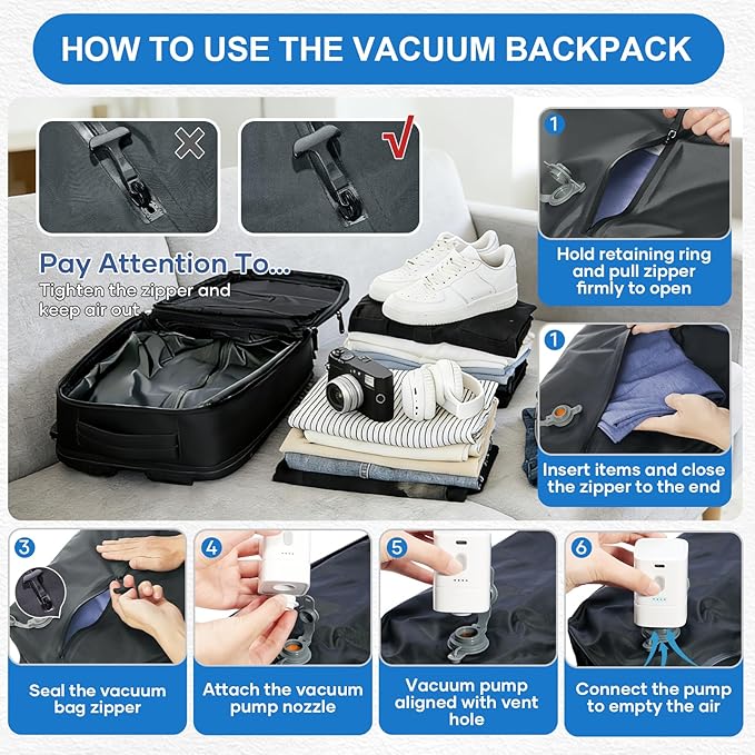 coowoz Vacuum Travel Backpack With Pump For Women Men Airline Approved,Carry On Backpack,Large Hiking Laptop Backpacks Waterproof Outdoor Sports Rucksack Casual Daypack Backpacks