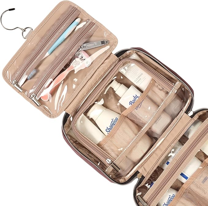 NISHEL Travel Toiletry Bag for women, Portable Hanging Organizer for Travel-Sized Shampoo, Conditioner, Brushes Set, Makeup Accessories, Medium Size, Rosewood-Pink