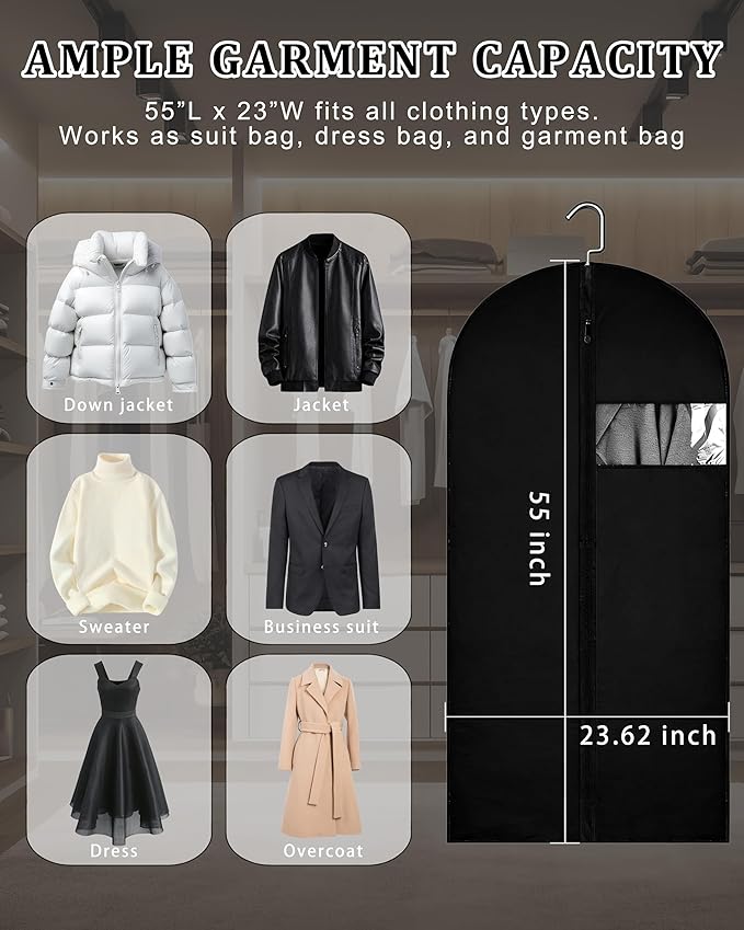 55-Inch Garment Bags for Hanging Clothes, Clear Window Dust-Proof Suit Bags for Suits Coats Dresses - Closet Storage & Travel Garment Covers (Black)