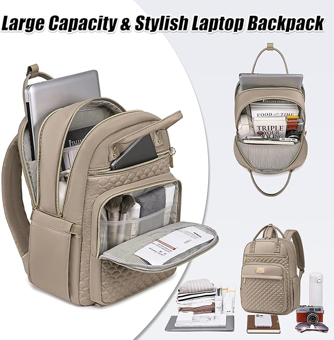 Laptop Backpack for Women,15.6 Inch Laptop Backpack for Work,Water Resistant Travel Backpack,College Bookbag with Wallet (Khaki)