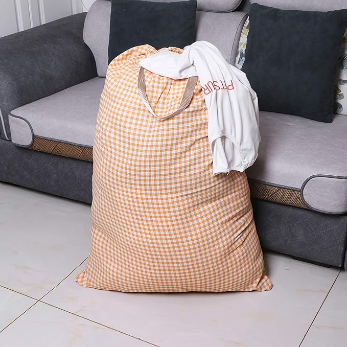 Extra Large Laundry Bag with Drawstring and Handle, Heavy Duty Travel Dirty Clothes Bag for Laundromat and Household, Durable Rip-Stop Laundry Hamper Liner, 28 x 40 Inch, Check Orange