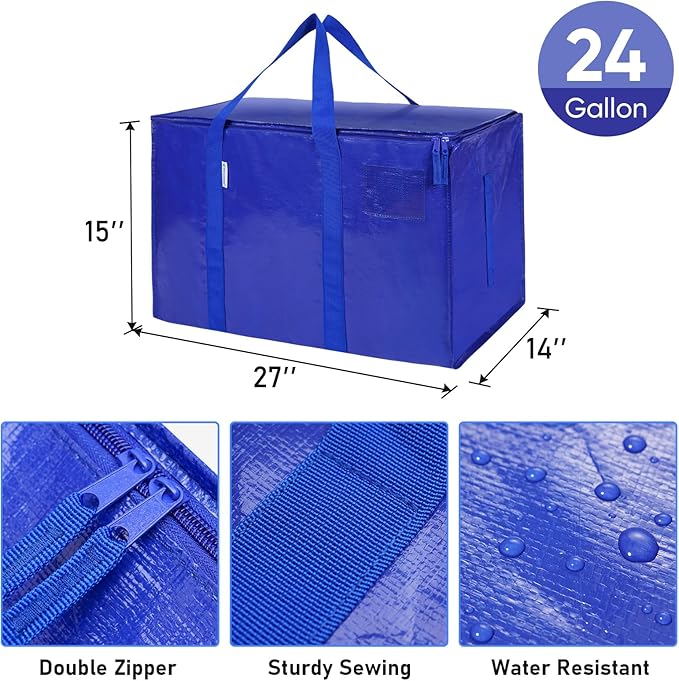 TICONN 4 Pack Extra Large Moving Bags Heavy Duty with Zippers & Carrying Handles, Durable Storage Bags Moving Boxes for Closet Organizers and Storage (4 Pack, Blue)
