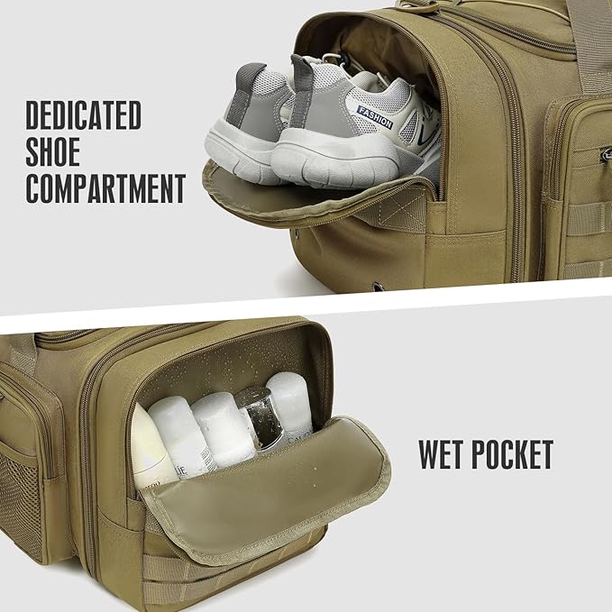 3 in 1 Tactical Gym Bag Backpack for Men 40-45L Expandable Travel Duffle Bag for Women Military Sport Duffel Bags Weekend Overnight with Shoe Compartment & Wet Pocket for Fitness, Brown