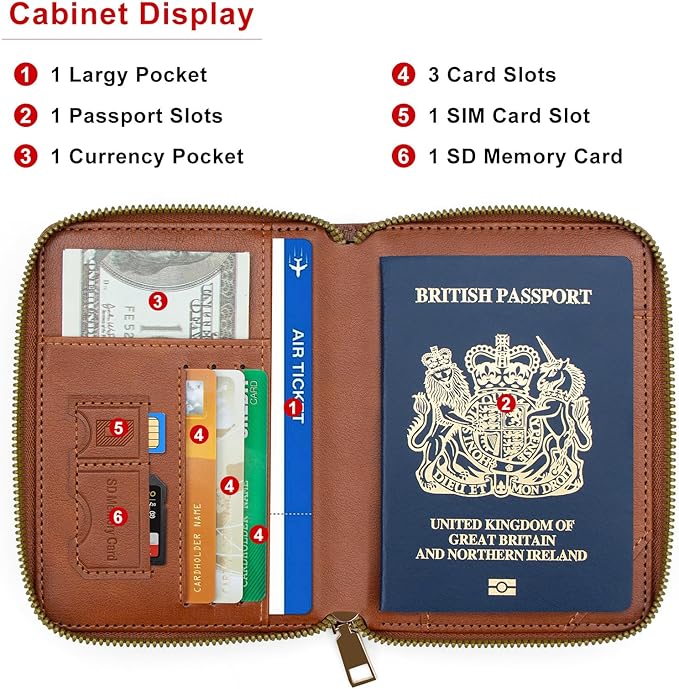 defway Passport Holder Travel Wallet - RFID Blocking Passport Holder Wallet, Full Zip Travel Card Cover with RFID Protection, Multi Slot Organizer for Cards Cash Documents Travel Essentials (Brown)