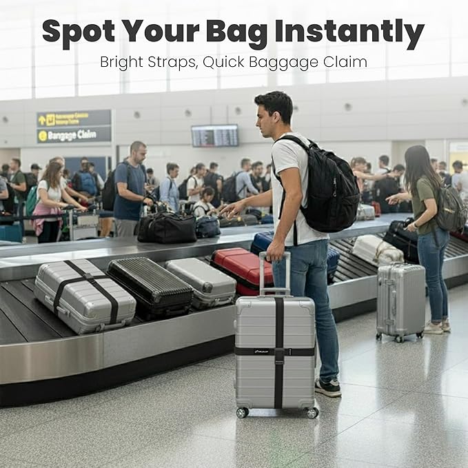 Luggage Straps for Suitcases, Adjustable Travel Suitcase Belts with Buckle Closure, Designed for Carry-On and Checked Luggage, Reusable Travel Accessory, Black - Pack of 4