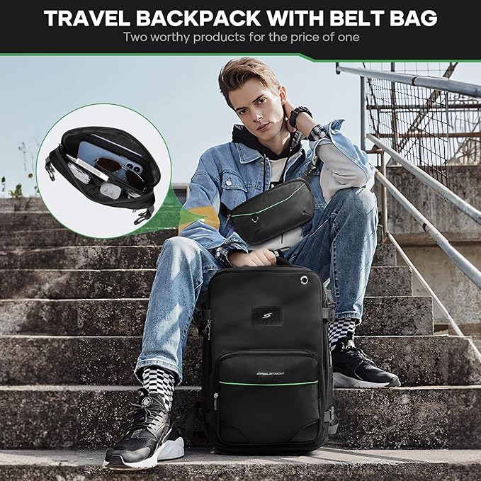 Maelstrom Travel Backpack for Men Women, 35L Carry on Backpack for Traveling on Airplane,with Belt Bag&Shoe Compartment,Waterproof Laptop Backpack fit 17”Laptop-Classic Black, Large