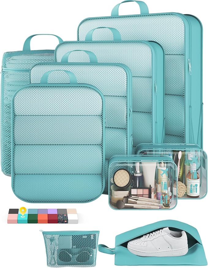 Veken 9/11 Set Compression Packing Cubes for Travel Essentials,Compressible Expandable Large Luggage Suitcase Organizer Bags for Clothing,Durable Space Saver Storage Bags(Blue Green)