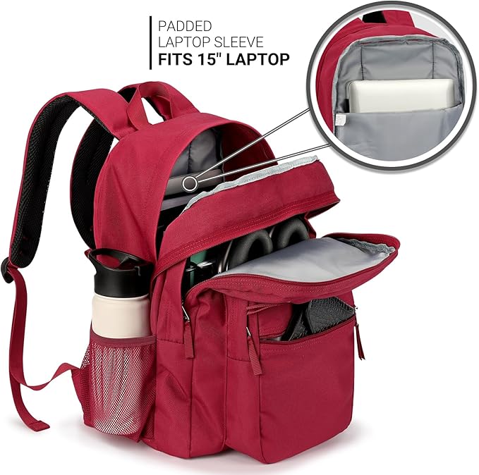 ZORFIN 26L Backpack for College, and Travel: Water Resistant Bookbag - Russet Red