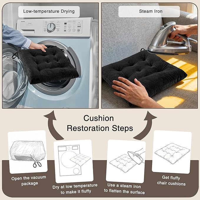 OVOV 4 Pack Chair Cushions for Dining Chairs Soft Seat Cushions for Kitchen Desk Chairs Square Chair Pads with Ties (15.5"x15.5" Black)
