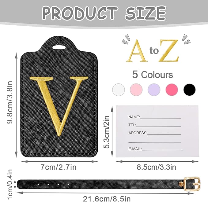 Unique Initial Letter Luggage Tags for Suitcases, Monogrammed Suitcase Luggage Identifier Tag,PU Leather TSA Approved Luggage Tags,Bag Tags for Men Women Kids Luggage Baggage(Black V)