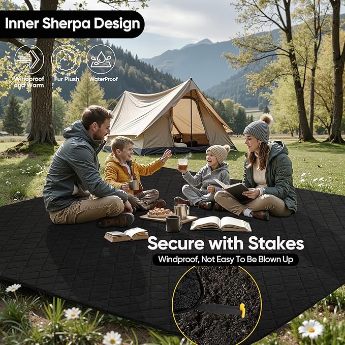 Northroad Waterproof Outdoor Blanket w/Sherpa Lining, Large Windproof Camping Blankets for Cold Weather, Light Weight and Warm for Stadium, Hiking, Dog, Picnic, Washable, 67”X 87” (Black, 1PCS)