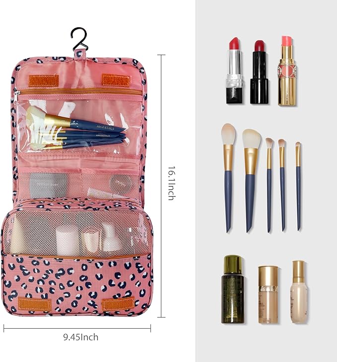Large Capacity Toiletry Bag Travel Bag with Hanging Hook for Men and Women Waterproof Travel Cosmetic Bag Bathroom Storage Bag for Brushes Set,Full-Sized Shampoo,Accessories-Pink Smile
