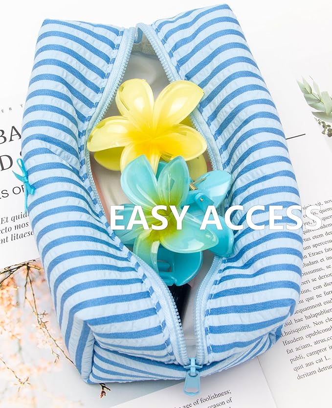 PAZIMIIK 6PCS Cozy Makeup Bag Small Aesthetic Travel Zipper Cosmetic Pouch for Women Make Up Beauty Accessories Brushes, Stripe Lake Blue