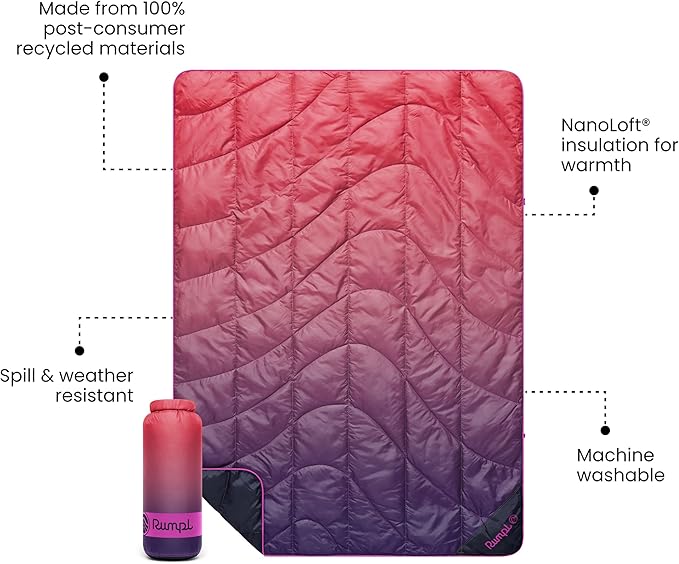 Rumpl Travel Puffy Blanket, Ultra-Packable Travel-Size Warmth and Comfort, Berry Fade