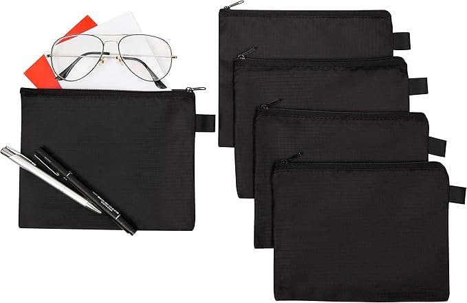 Small Black Nylon Zipper Pouch (6x8 Inch - Set of 5) For Travel Cosmetics Cables Documents Office Supplies Organizer Bag