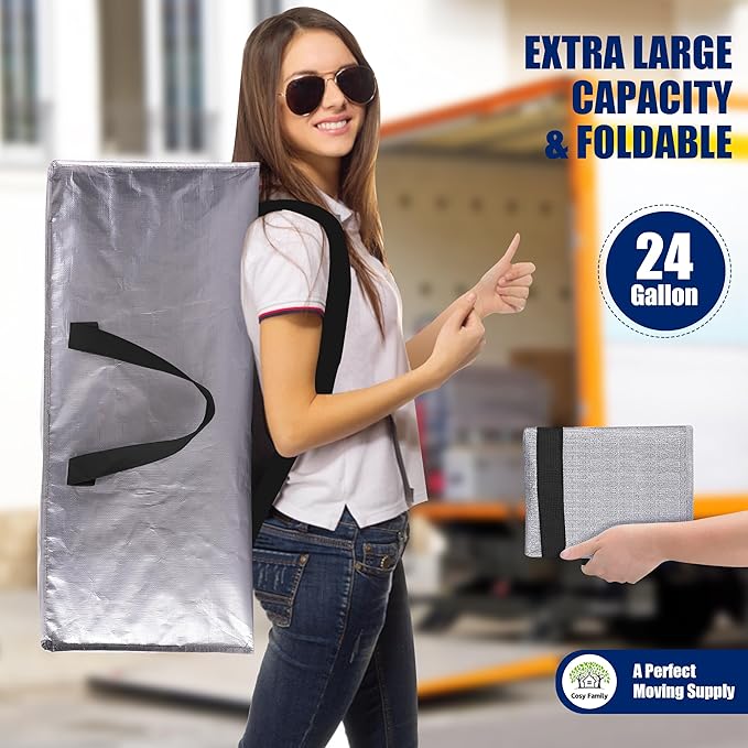 Cosy Family 4 Pack Heavy Duty Extra Large Moving Bags with Backpack Straps - Strong Handles & Zippers, Storage Totes For Space Saving, Fold Flat, Alternative to Moving Box (X-Large-Set of 4, Silver)