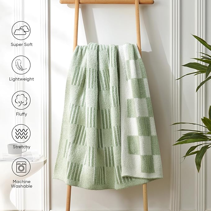 Snuggle Sac Sage Green Checkered Throw Blanket, Super Soft Reversible Cozy Warm Faux Fur Blankets for Couch Bedroom,Cute Lightweight Striped Throws for Women,Heather Sage Green,50x60 inches