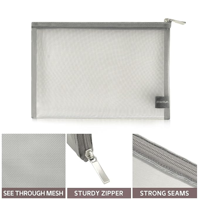 EASYFUN Mesh Pouch, Make up Bag with Zipper Cosmetic Organizer Pouch for Daily or Travel to Keep Small Items, 4 PCS Grey