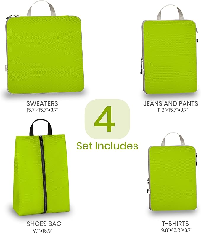Compression Packing Cubes for Travel, Set of 4 Expandable Luggage Organizers with Shoe Bag, Lightweight Water-Resistant Suitcase Essentials for Carry-on & Checked Luggage,Green