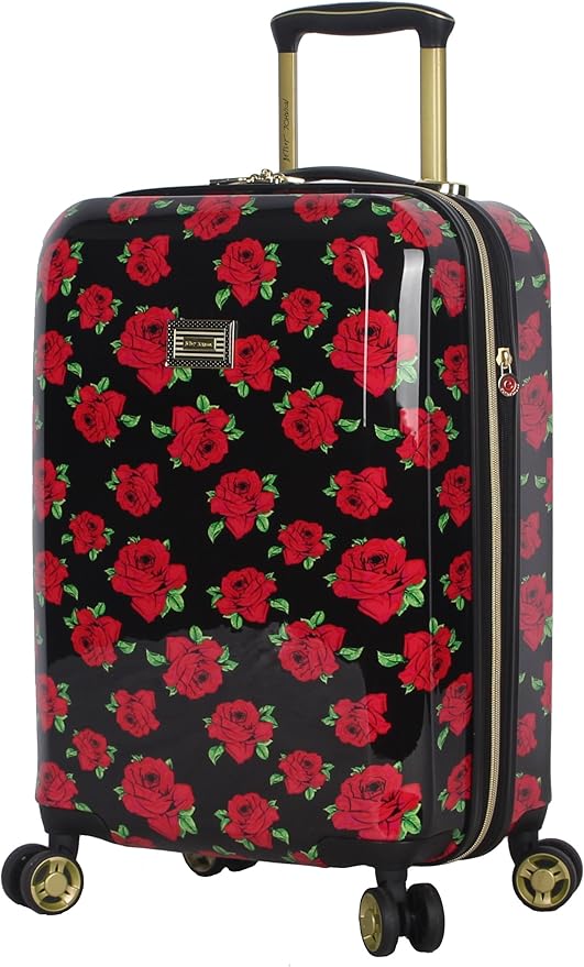Betsey Johnson Designer 20 Inch Carry On - Expandable (ABS + PC) Hardside Luggage - Lightweight Durable Suitcase With 8-Rolling Spinner Wheels for Women (Covered Roses)