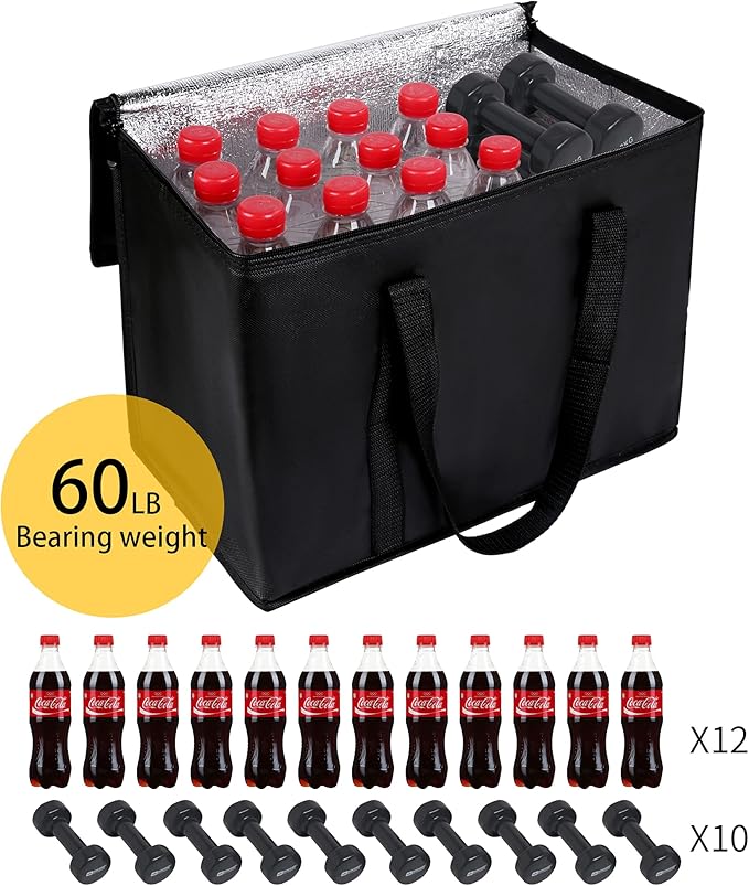 2 pack Additional Bottom Plate Black Insulated Grocery shopping bag , Delivery,pizza,reusable bags, Sturdy zipper,Collapsible,tote,cooler,thermal,Beach,waterproof heavy duty