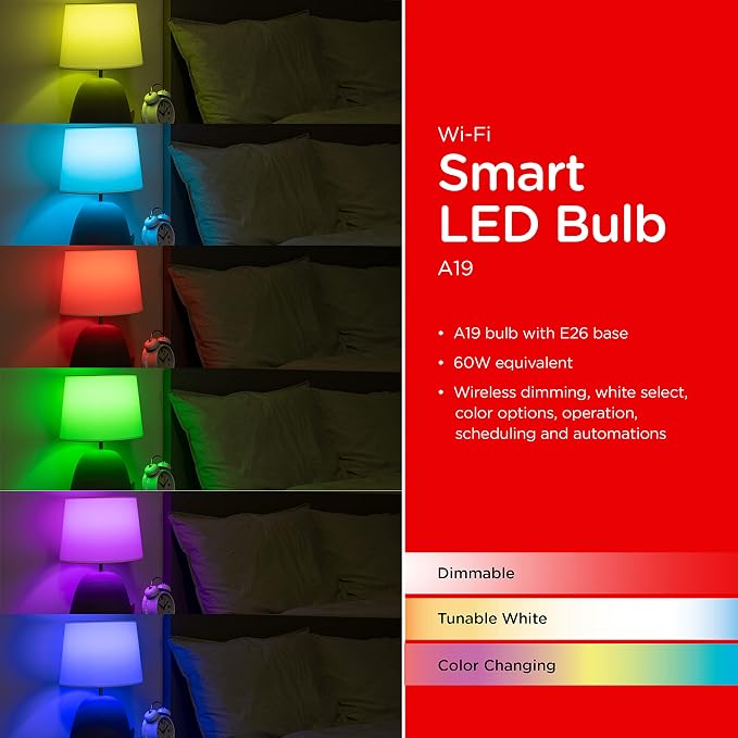 UltraPro Wi-Fi LED Smart Light Bulb, A19, 60W Equivalent, RGB, Color Changing, White Select Tunable 2700K - 6500K, Dimmable, 2.4GHz Router Required, Circadian Rhythm, Easy-to-Use App, 51444