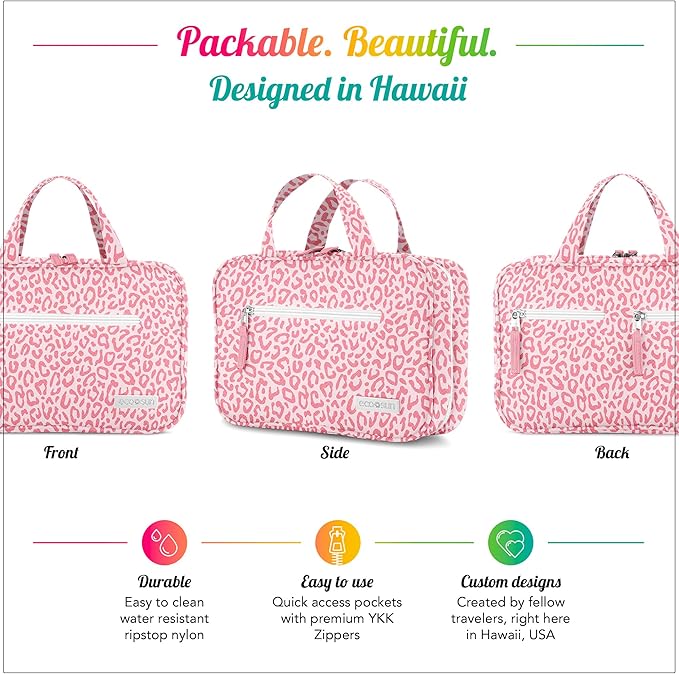 Eco Sun Hanging Travel Toiletry Bag — Designed in Hawaii — Water-resistant Travel Organizer for Bathroom Accessories (Pink Leopard)