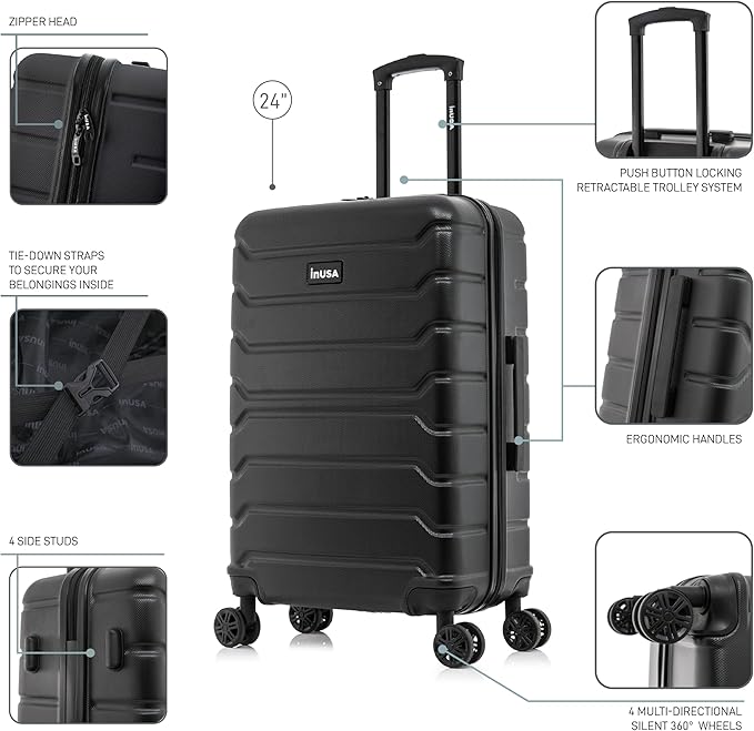 InUSA TREND Luggage with Spinner Wheels | Durable lightweight Hardside Suitcase, Travel bag with Handle and Trolley, 24-Inch Medium Checked luggage | Black