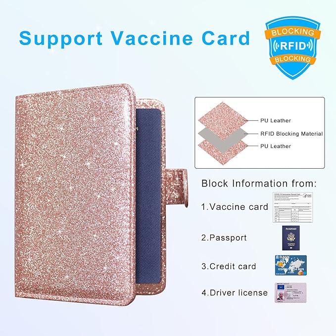 ACdream Unisex Faux Leather Passport and Vaccine Card Holder, Glitter Rose, RFID Blocking, 20 x 3.5 x 2.5 in