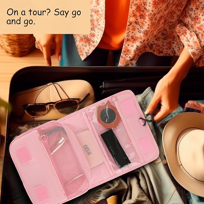 Foldable Hanging Travel Toiletry Bag,Waterproof Portable Travel Bags, Multifunction Travel Makeup Cosmetic Bag Organizer with Hanging Hook (Pink)