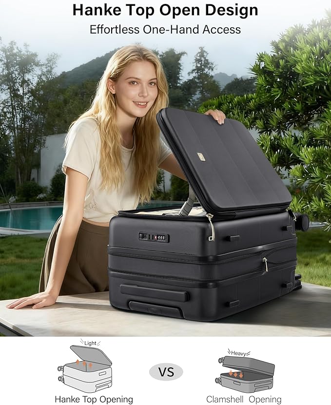 Hanke Hardside Expandable Carry On Luggage, 20 Inch Top Opening Trunk Luggages with Spinner Wheels, All-PC Hard Shell Carry-On Suitcase, Lightweight & TSA Airline Approved (Jet Black, 46L)