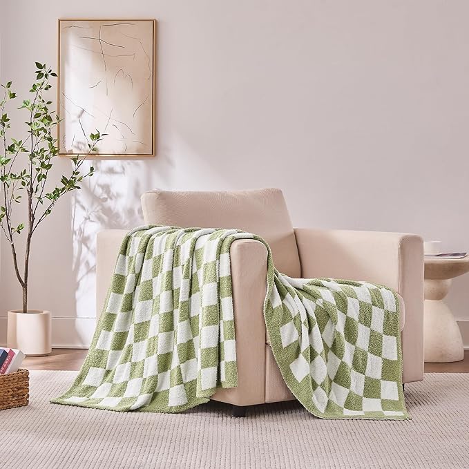 Checkered Throw Blanket, Sage Green Soft Cozy Fluffy Knitted Throw Blankets for Couch, Sofa, Bed, Chair, Warm Fuzzy Travel Picnic Lightweight Plaid Blanket, 60x80 inches