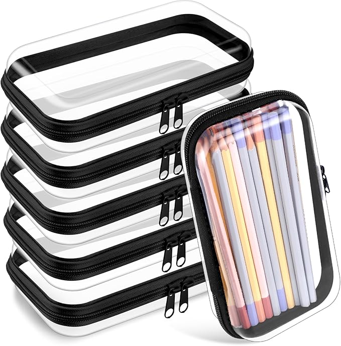 Sanwuta 6 Pcs Clear Hard Zipper Case Plastic Zipper Pouches Transparent Makeup Bag Pencil Case Pouches Toiletry Diaper Bag for Travel Toy Storage Organizer Bins(Black,7.48 x 3.94 x 2 Inch)