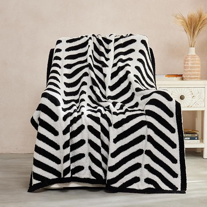 Throw Blanket, Soft Cozy Fluffy Striped Throw Blankets for Couch, Sofa, Bed, Chair, Warm Fuzzy Plush Lightweight Decorative Stripe Blanket, Black White, 50x60 inches