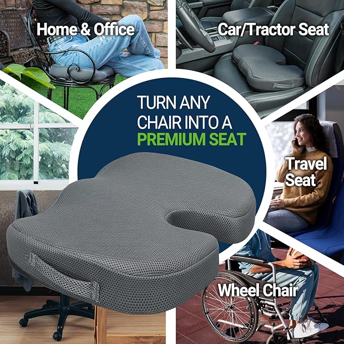 Season Guard Gel Seat Cushion – Office Chair Cushion – Non-Slip Gel Memory Foam Coccyx Cushion for Tailbone Pain - Desk Chair Car Seat Cushion Driving - Sciatica Back Pain Relief, Mesh, Grey