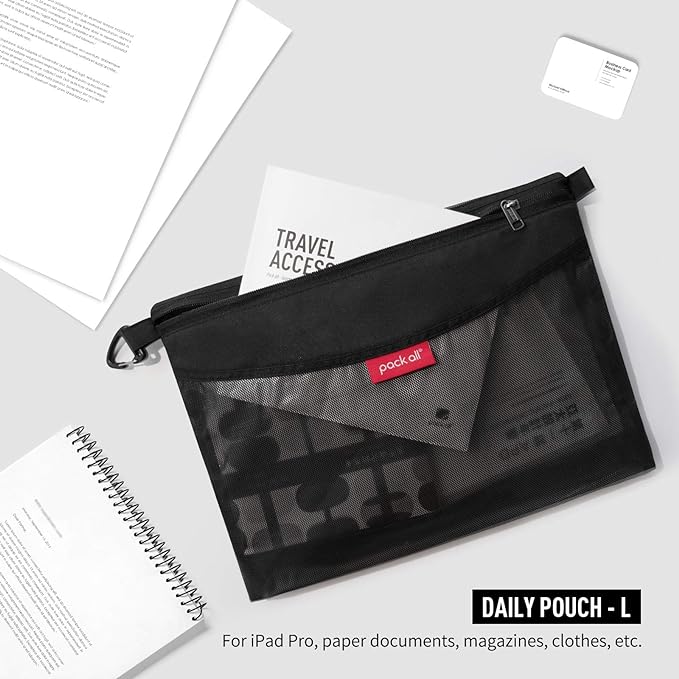 pack all Water-resistant Material Zipper Pouch, Mesh Zipper Bags for Storage, Travel, Office (Black, Large)