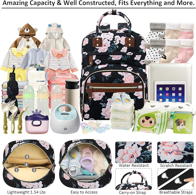 Tenot Diaper Bag Backpack Tote for Women Large Capacity with Insulated Pockets Multifunctional Diaper Bags For Baby Girl Boy Waterproof Baby Bags, Maternity Bag Black Pink Floral | Multifunctional, Diaper Bags, Waterproof, Baby Bags, Maternity Bag