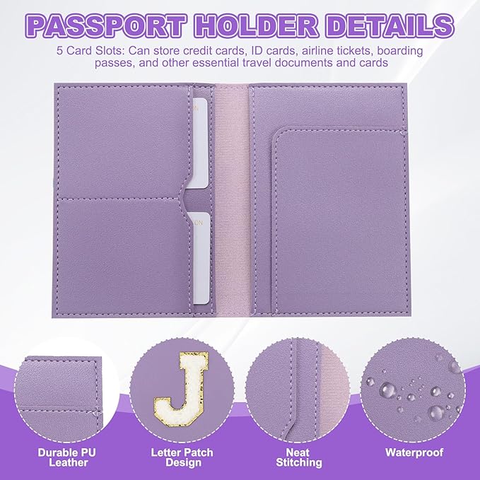 PATIKIL Passport Holder for Travel, Initial Passport Cover and Luggage Tag Set with Alphabet Chenille Letter Patch Travel Wallet Bag Suitcase Identifier for Women Family Travel Purple J