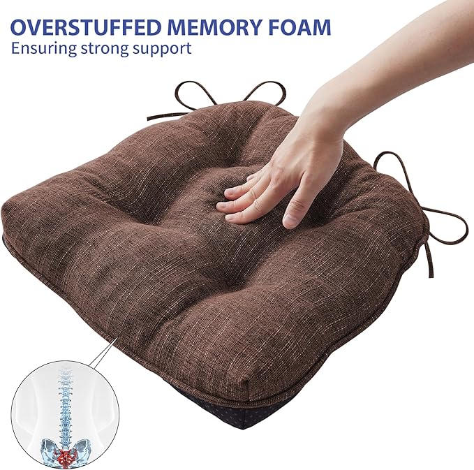 Chair Cushions for Dining Chairs Set of 4, Kitchen Chair Cushions, Chair Pads with Ties and Non Slip Backing, Tufted Memory Foam Seat Cushion 4 Pack, 18" x 18" x 4", Brown