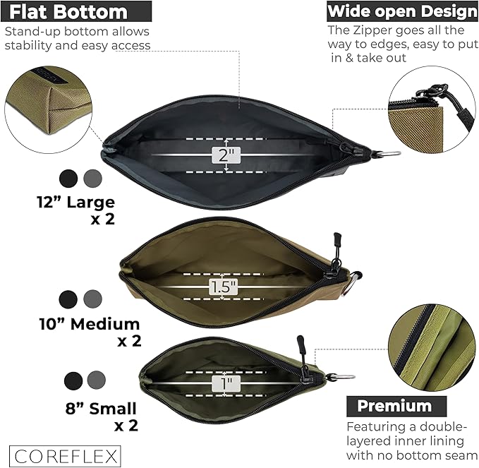 COREFLEX Premium Tool Pouch Zipper Bag, Small Tool Bag, Multipurpose Storage pouch, Heavy duty Flat Bottom Tool bag with YKK Zipper (6 pack Combo mixed size Black &Grey)